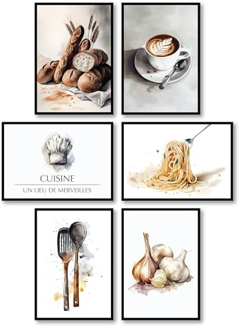 MJ-Graphics - 6er Poster Set Kaffee Brot Essen modern Küche & Esszimmer | 6x Din A4 | Küchendeko Wandbilder Wanddeko Bilder ohne Bilderrahmen