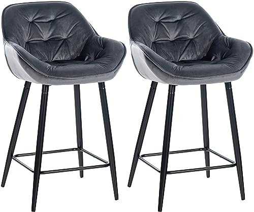 CLP 2er Set Barhocker Gibson Samt I Sitzhöhe 76 cm I Tresenstühle Mit Fußstütze | Farbe dunkelgrau