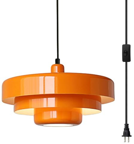 DoungRos Plug in Pendant Light Mid Century Hanging Lamp with Plug in Cord Orange Pendant Lighting Fixtures Nordic Style Metal Shade On/Off Switch Hanging Light for Living Room Dining Bedroom Kitchen