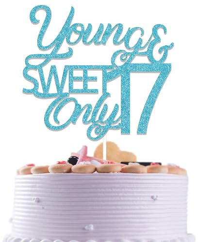17th Birthday Cake Decorations - Young & Sweet Only 17-17 Cake Topper Light Blue Glitter