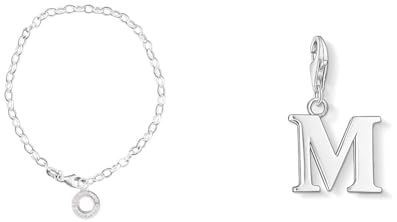 THOMAS SABO Damen Charm-Fußkette Classic 925 Sterling Silber X0034-001-12 & Damen Charm-Anhänger M Buchstabe Charm Club 925 Sterling Silber 0187-001-12
