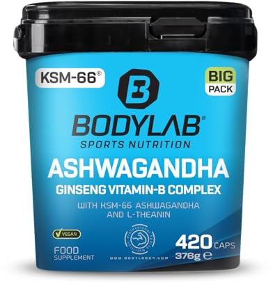 Bodylab24 Ashwagandha Ginseng Vitamin-B Complex 420 Kapseln, enthält 325mg hochwertiges KSM-66® Ashwagandha pro Kapsel, zusätzlich angereichert mit L-Theanin und Gingko biloba