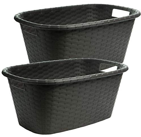 Sustania Wäschekorb, 2er Set - Schwarze, robuste Wäschewanne mit Griffen - Ideal für Transport und Aufbewahrung von Wäsche - Hochwertiger Kunststoff im Rattan-Design