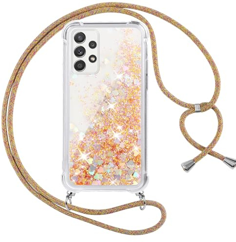 Vauki handyband für Samsung Galaxy A52s 5G/A52 4G/5G Hülle mit Band, Silikon Durchsichtig Transparent Flüssig Glitzer mit Kette Kordel Treibsand Necklace TPU Schutzhülle Case für Samsung A52s, Gold