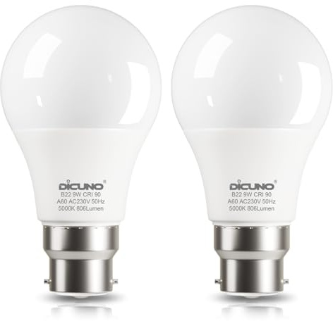 DiCUNO B22 LED Bulbs 60W Equivalent, 9W Daylight White 5000K 806LM, 2Pcs | B22 Bayonet A60 LED Bulb, Non-dimmable, CRI90, 220°Beam Angle, 25,000 Lifespan bulb for Living Room, Kitchen, Hallway