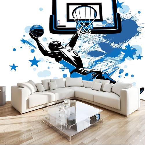 Générique Papier Peint Thème Sportif Basket-Ball Bleu 3D Panoramique Murale Salon 200x140 cm Papier Peint intissé pour Chambre Salon Personnalisé Décoration Murale