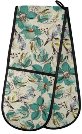 Double Oven Gloves Heat Resistant Vintage Bird Flower Double Oven Mitts Pot Holder Heat Protection Oven Gloves for Home Kitchen Baking Cooking BBQ Microwave