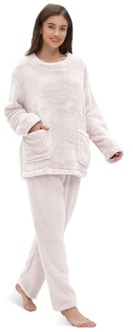 Friendumo Warmes Coral Fleece-Pyjama-Set für Damen - Nachtwäsche, Hauskleidung, weicher Winter-Pyjama für Damen, zweiteilig, langärmliges Oberteil und warme Hose, Pyjama mit Taschen(Weiß-2XL)