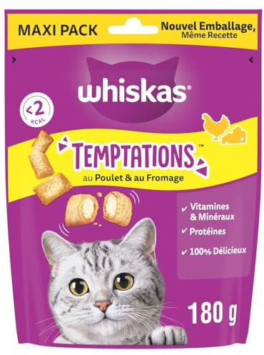Whiskas Temptations Maxi Pack Friandises au Poulet et Fromage pour Chat Adulte 4 x 180g
