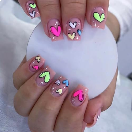 GlamRays Kurze Press-On Falsche Nägel Mit Cartoon-Herz-Designs Cute Matte Bunt Vollumfängliche Aufnageln Klebernagel Acrylnägel 24 Stück