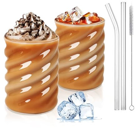 SILRIVES Glasbecher mit Deckel und Strohhalm 350ml 2er,Gerippte Trinkgläser mit Bambusdeckel und Glasstrohhalmen,Borosilikatglas Longdrinkgläser,Geeignet für Eiskaffee,Bier,Cocktails und Soda
