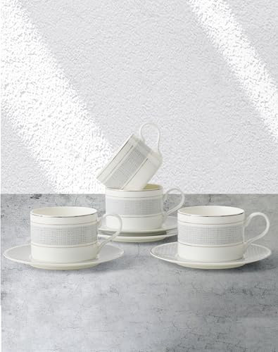 London Boutique Cappuccino Cup and Saucer Set,300ml, White Porcelain with Silver Banding, Classic Pattern (4)