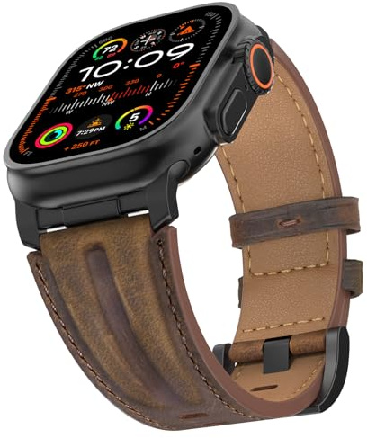 Bouixel Top Grain Genuine Leather Strap Compatible with Apple Watch Ultra 3 Straps 49mm 46mm 45mm 44mm 42mm, Rugged Metal Connector Band for Women Men iWatch Ultra 2/1 Series 11 10 9 8 7 6 5 4 3 SE