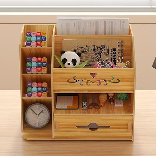 smallrun Schreibtisch-Organizer aus Holz, multifunktional, stationäre Aufbewahrung, mit Haken für Büro/Zuhause/Schule (KB23)