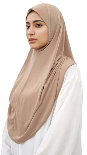 HURESON Ready To Wear Hijab For Women Instant Turban Stretch Soft Muslim Scarf For Prayer Long Hijabs Islamic Jersey Abaya (Khaki)