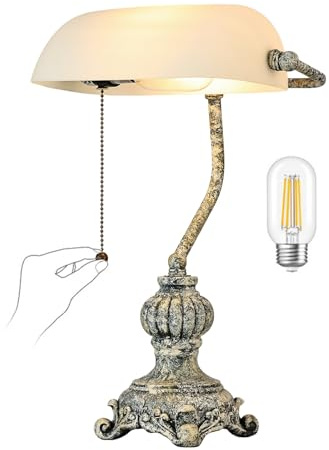 Newrays White Matted Glass Bankers Desk Lamp for Office,Library with Pull Chain Switch Plug in Fixture, LED Bulb Included