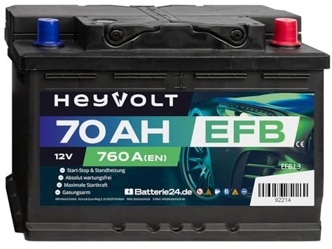 HeyVolt EFB Autobatterie 12V 70Ah 760A/EN Start-Stop, Standheizung geeignet