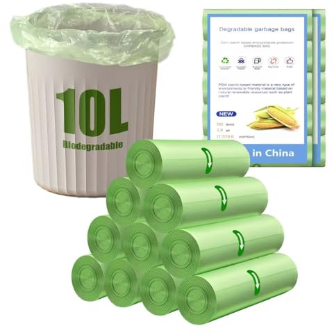 YOMKILU 200 Pièces Sac Poubelle Biodégradables 10L, 10 Rollen 45x50cm Sacs Poubelle, 2.6 Gal Ultra Résistant Trash Bag pour Cuisine, Maison, Bureau, Vert