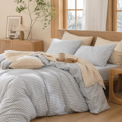 Lanqinglv Bettwäsche 200x220 Baumwolle Gestreift Blau Weiß,ÖKO-TEX,Streifen | Renforce Baumwollebettwäsche für Allergiker,Leinenoptik Bettbezug Reißverschluss und 2 Kissenbezug 80x80,4 Jahreszeiten set