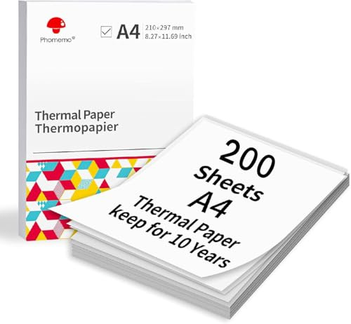 Thermodruckerpapier, A4, 297 x 210 mm, kompatibel mit Phomemo, Polono, Vretti, Munbyn & M08F/M832/M833/M834/M8352, 200 Blatt