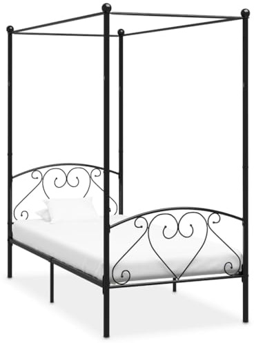 Qnhdfrt Himmelbett Gestell Schwarz Metall 90 x 200 cm Elegantes Design mit Oberrahmen für Vorhänge Robustes Metallbett für Schlafzimmer