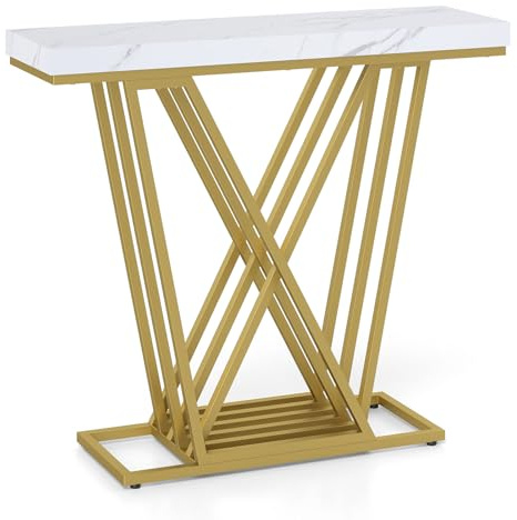 COSTWAY Console Table, Faux Marble Slim Entryway Table Hall Desk with 50mm Thickened Top, 100cm Long Metal Frame Narrow Behind Couch Side Accent Sofa Tables for Hallway, Foyer, Living Room, White+Gold