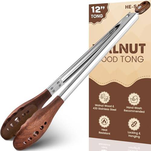 12-Inch Wooden Tongs for Cooking - Heat Resistant Natural Walnut Wood Tongs | Kitchen Tongs Stainless Steel Salad Tong with Walnut Wood Tips for Serving Food, Cooking, Tossing Salad, BBQ (12 Inch)