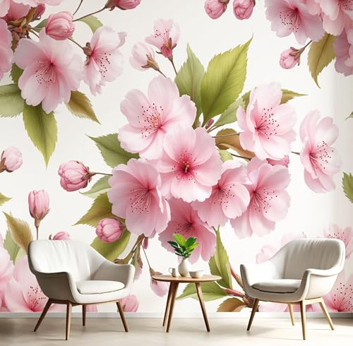 Carta da Parati 3D con Stampa Realistici Fiori Fiori Di Ciliegio Foglie Verdi, Carta da Parati Fotografica Rosa, Tessuto di Seta Decorazione Murale da Parete, 150Lx105A cm (Larghezza x Altezza)