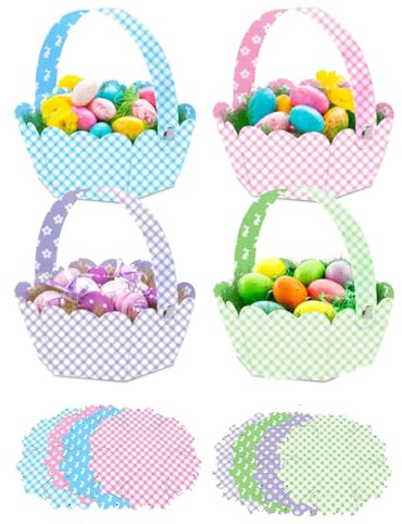 LYhsmg 12 Pack Easter Baskets for Kids - Easter Egg Hunt Gift Basket for Candy, Toys & Party Favors, Small Easter Paper Crafts Treat Boxes in Pink, Purple, Blue & Green