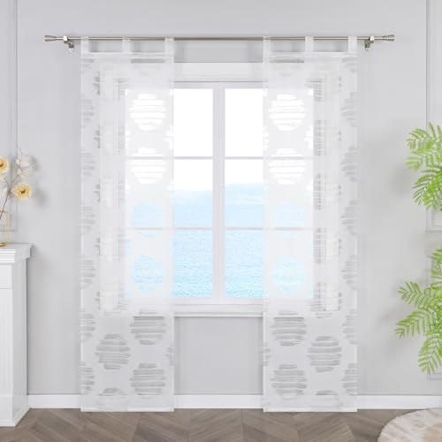 ESLIR Schiebegardinen Set 2er Flächenvorhänge Schlaufenschals Gardinen mit Schlaufen Schiebevorhang Transparent Vorhang mit Streifenring-Design Landhaus Weiß BxH 57x245 cm 2 Stück