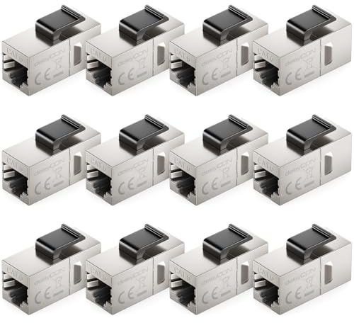 deleyCON CAT6 RJ45 Keystone Acoplador (Set de 12 Unidades) - STP, RJ45 Hembra a Hembra, 1 Gbit/s, 250 MHz, Acoplamiento LAN 1:1, Cobre Niquelado - Plata