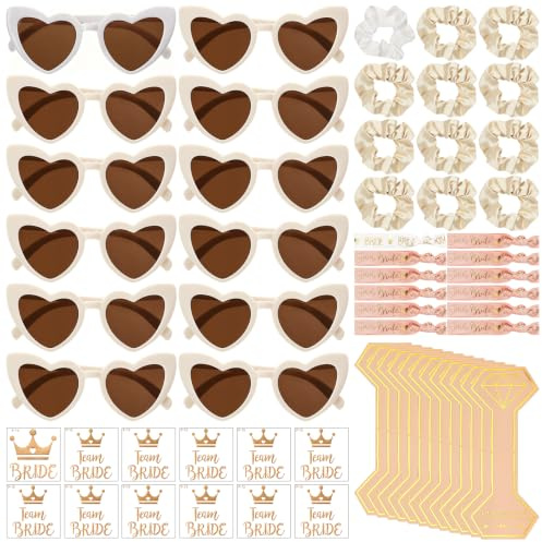maileiduo jga accessoires för kvinnor, 48 stycken JGA-glasögon Team Brud, 12 hjärtformade solglasögon + 12 brud-hårgummi + 12 brud-tatuering klistermärken + 12 brud-armband, svensexa kvinna