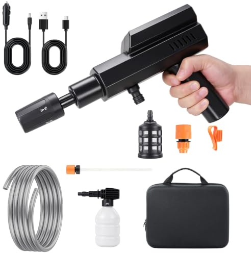 Limpiador de alta presión con batería, 12 V, portátil, dispositivo de alto rendimiento de 60 bar/870 psi, con boquilla ajustable 5 en 1, manguera de 5 m, función de carga rápida tipo C, funcionamiento