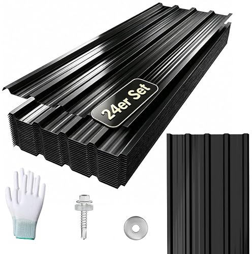 VA-Cerulean Trapezblech Set 24 Stück 129.5x45cm, 0.25mm Verzinkter Stahl, UV-beständig, Dachplatten für Gerätehaus Schuppen Carport inkl Schrauben Unterlegscheiben Montagehandschuhe, Schwarz