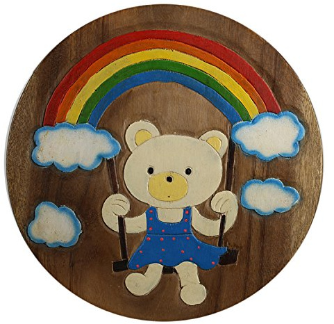 ART-CRAFT KH073 Kinderhocker Holz Schemel mit Motiv Bär bemalt und beschnitzt extra große Sitzfläche Ø 30cm LxBXH = 30x30x27cm