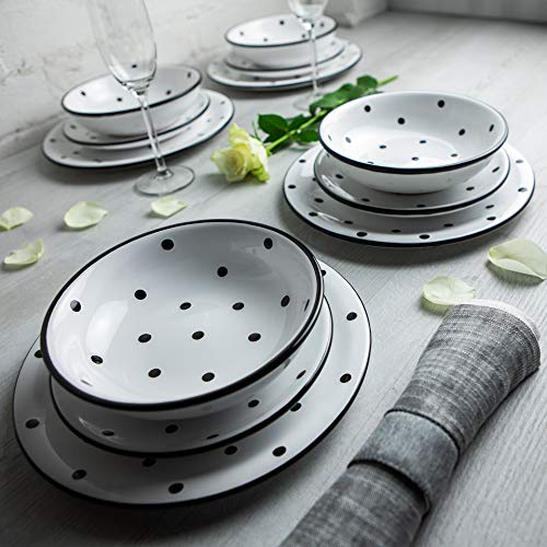 City to Cottage | Service à vaisselle pour quatre, douze pièces | blanche à pois noirs en céramique faite et peinte à la main | assiettes plates, assiettes à dessert, bol