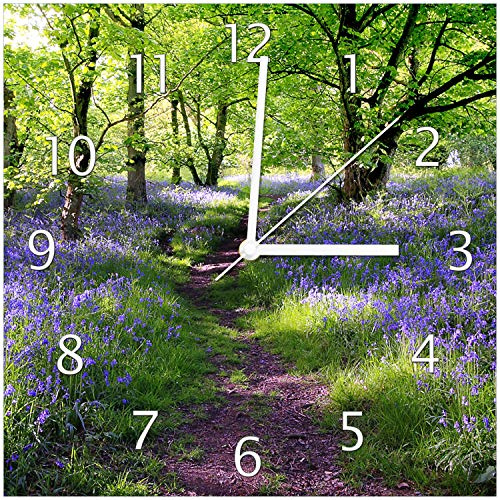 Wallario Design-Wanduhr Blaues Hasenglöckchen im Wald aus Glas, Motiv-Uhr Größe 30 x 30 cm, weiße Zeiger