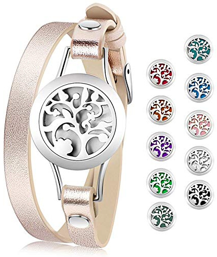 Cupimatch Bracelet Diffuseur d'huiles Essentielles Arbre de Vie Aimant Rond Ouvert en Acier Inoxydable avec 10 Pièces Recharge Coussins Lavable,Bon Cadeau de Fête des Mères Noël Saint-Valentin
