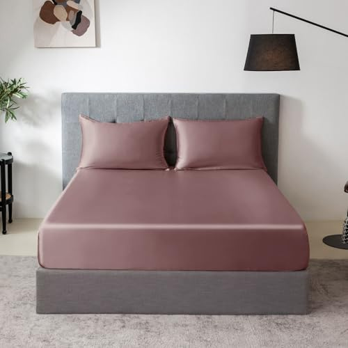 THXSILK 100% Mulberry Silk Fitted Sheet Set, 7A+ Silk 3 Pieces Bed Sheets, Breathable, Smooth, 16 Inch Deep Pocket Fitted Sheet, 2 Pillowcases - Purple, King