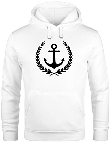 Neverless® Hoodie Herren Anker Lorbeerkranz Aufdruck Print Kapuzen-Pullover Männer Fashion Streetstyle weiß M