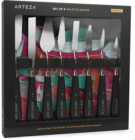 Arteza Palette Knives 8-Pack, Sizes No. 1, 25, 7, 15, 39, 23, 17, 21, Durable Stainless Steel Blade & Break-Resistant Wooden Handle, Art Supplies for Oil & Acrylic Painting