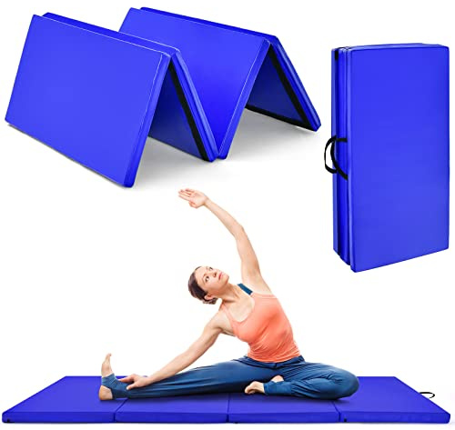 COSTWAY Tappetino da Ginnastica con Maniglia, Gancio, Chiusura a Cerniera e Copertura in Pelle PU Staccabile, Tappetino da Esercizio Pieghevole per Yoga, Stretching e Aerobica, 240 x 117 x 5 cm (Blu)