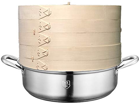KELUNIS 8 Inch Bamboo Steamer Basket, 2 Tier Food Steamer with Lid And Stainless Steel Pot - Healthy Cooking Dim Sum Dumplings Vegetables Fish