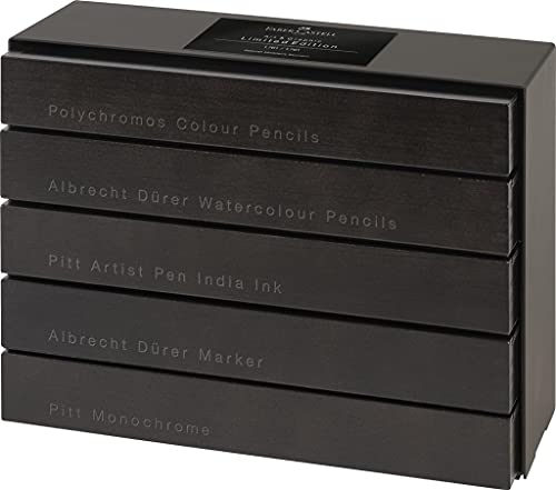 Faber-Castell Art & Graphic Limited Edition Dark Satin Wood Cassette, inkl. Polychromos & Albrecht Durer Bleistifte, Aquarellstifte, Pitt Artist Pinselstifte & Fineliner & Anthrazit
