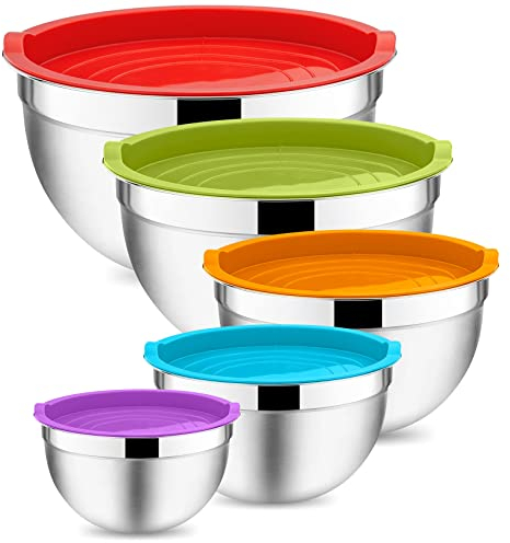 Onader Mixing Bowl Set of 5, Stainless Steel Salad Nesting Bowl with Airtight Lids, Metal Bowls for Baking Serving, Dishwasher Safe & Space-Saving Storage, Size 0.7/1.2/1.6/2.8/4.6QT (Multicolor)