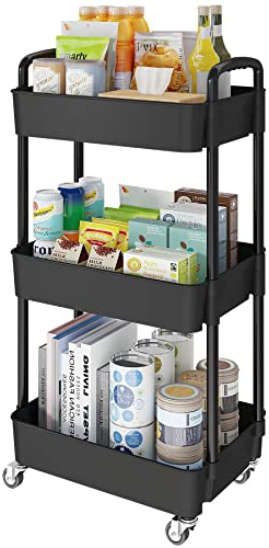 3 Tier Rolling Cart with Wheels, Utility Storage Carts,Black