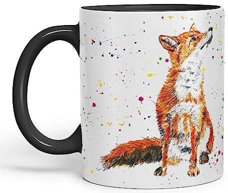 Vixar Fox British Wildlife handbemaltes Design Aquarell Kunst farbige Tasse Geschenk Geburtstag Arbeit Büro Weihnachten Tee Kaffee (schwarz)