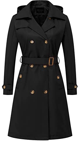 CREATMO US Womens Long Trench Coat Double Breasted Water Resistant Classic Belted Lapel Overcoat Black S