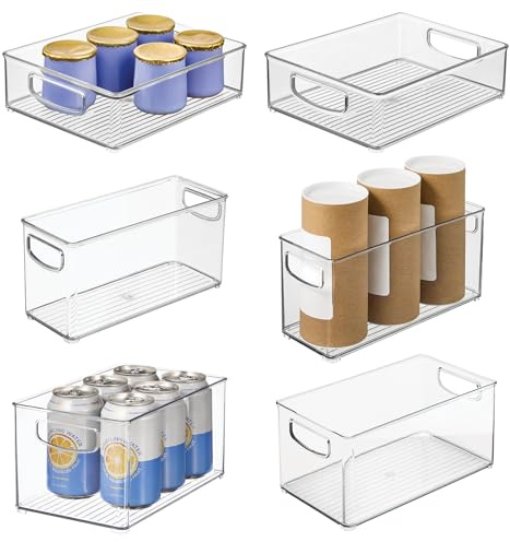 iDesign 6er Set kleine stapelbare Aufbewahrungsbehälter aus recyceltem Kunststoff mit integrierten Griffen für die Küche, den Kühlschrank, Gefrierschrank - Verschiedene Größen, klar