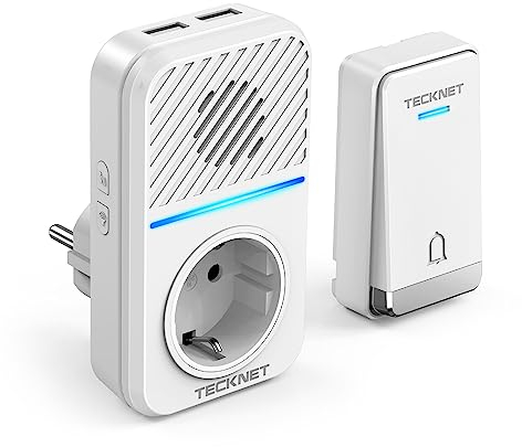 TECKNET Funkklingel Batterielose, Kabellose Türklingel mit EU-Steckdose und USB, IP65 Funkklingel wasserdicht außen haustür Set, 400M Funk Reichweite, 60 Klingeltönen doorbell Mit LED-Blitz